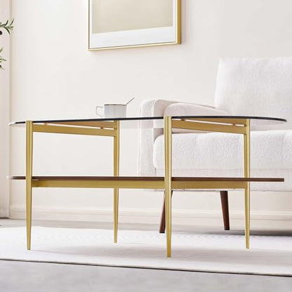 Oval Glass Coffee Table, Mid-Century Modern Design, L41 x W21 x H17 inch, for Living Room, 2-Tier Structure, Amber Glass Top and Walnut Finish Wood Shelf, Conical Legs with Gold Finish Frame