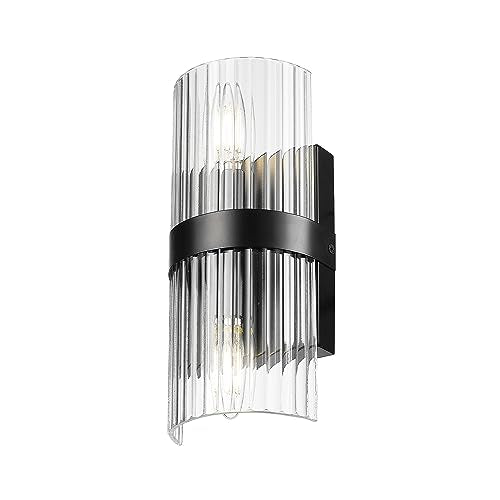 65000050 2-Light Wall Sconce, Matte Black, Ribbed Glass Shade, E12 Base Sockets, Lights for Living Room, Home Decor, Lighting, Mounted Bedside Lamp