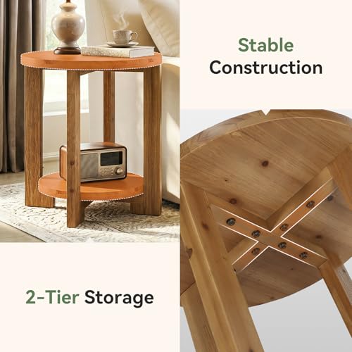 Solid Wood Round End Table, Accent Bed Side Table with Storage Shelf, 2-Tier Circle Wood Nightstand for Living Room, Bedroom, Small Spaces, Brown
