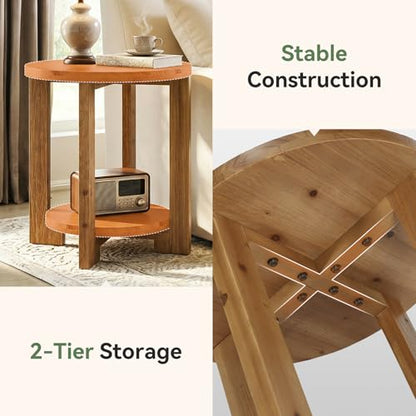 Solid Wood Round End Table, Accent Bed Side Table with Storage Shelf, 2-Tier Circle Wood Nightstand for Living Room, Bedroom, Small Spaces, Brown