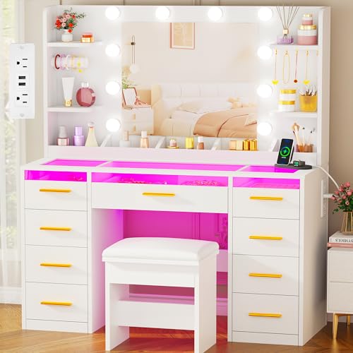 Large Vanity Desk with Mirror and Lights & Transparent Glass Top, view 2