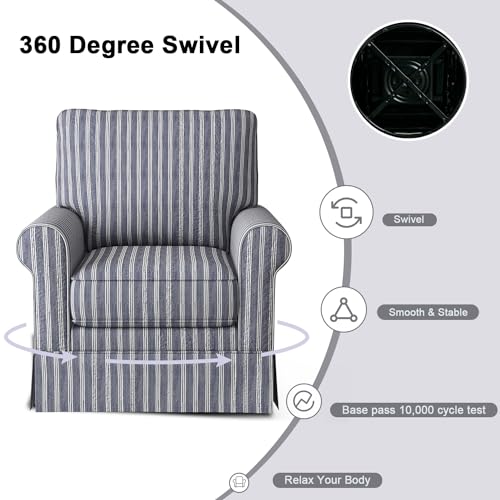 Swivel Accent Chair Linen Mid Century Modern Chair, Comfy Swivel Barrel Reading Chair, Upholstered Square Chair for Living Room Bedroom Small Spaces, Fully Assembled, Blue Stripe