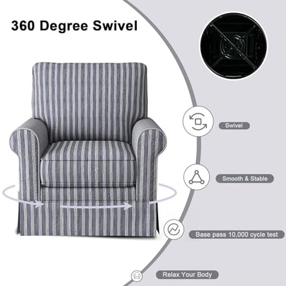 Swivel Accent Chair Linen Mid Century Modern Chair, Comfy Swivel Barrel Reading Chair, Upholstered Square Chair for Living Room Bedroom Small Spaces, Fully Assembled, Blue Stripe