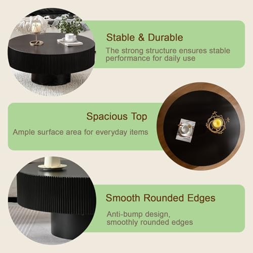 30.9” Black Fluted Drum Table-Round Wood Coffee Table | Low Profile Circle Accent Table for Small Space, Living Room
