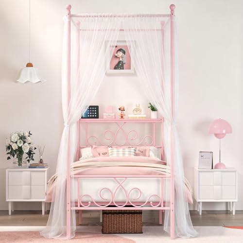 Twin Metal Canopy Bed Frame with Storage Headboard, 4 Poster Bed, Pink, view 4