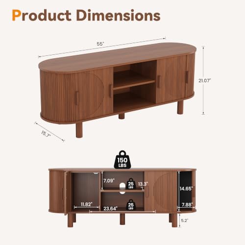 55" Mid Century Modern TV Stand with Fluted Sliding Doors, view 3