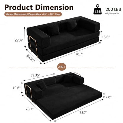 Folding Sofa Bed Convertable Corduroy Couch King Size Floor Sleeper 4-in-1 DIY Combination Modular Sofa Fold Out Futon Lounge Comfy Foldable Lazy cama for Living Room (Black, 80.3 inch Sofa)