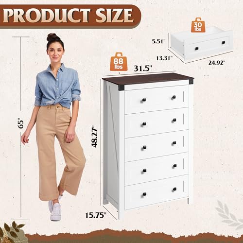 5-Drawer 31.50"W Farmhouse TV Stand with Rustic Handles, White, view 4