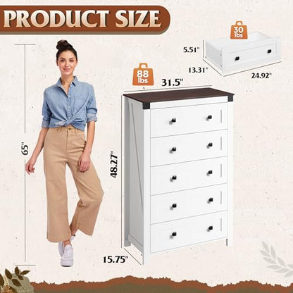 5-Drawer 31.50"W Farmhouse TV Stand with Rustic Handles, White, view 4