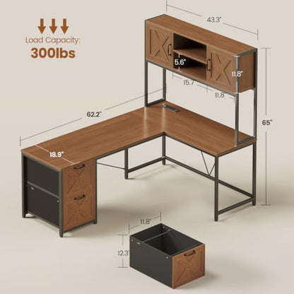 Reversible Farmhouse L Shaped Office Desk with Drawer, Hutch, view 3