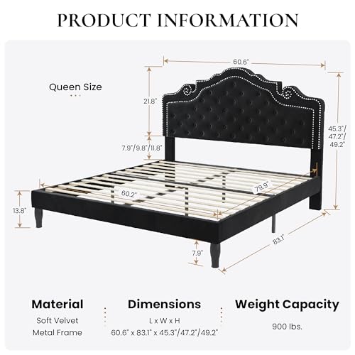 Queen Bed Frame with Adjustable Headboard/Velvet Upholstered/Diamond Button, view 3