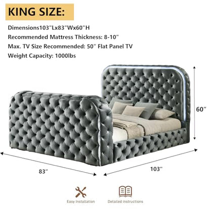 Wood Platform Bed with Tufted Headboard and Footboard in Gray, view 3