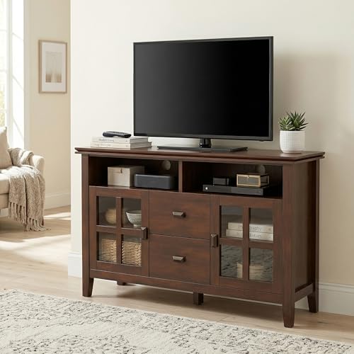 Artisan TV Stand - 48 inch Wide Solid Wood Media Console in Russet Brown, Contemporary Entertainment Center for Living Room for TVs up to 55 Inches with Drawers and Cable Management