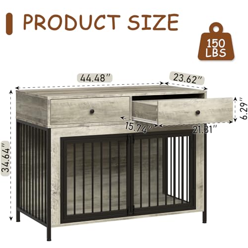 Large Dog Crate Furniture Wooden Dog Kennel Furniture with 2 Drawers, Grey, view 4