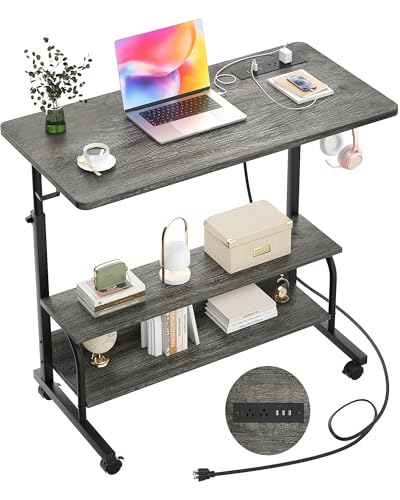 Rolling Standing Desk with Charging Station, Portable Height Adjustable Mobile Computer Desk with Wheels & 2-Tier Shelves & Hooks, Easy Assembly Laptop Table for Couch Bed, 32" Grey Oak