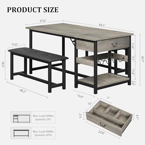 Dining Table Set for 4 with Storage Drawers & Wine Rack, Kitchen Table and Upholstered Benches for Small Spaces, Gray