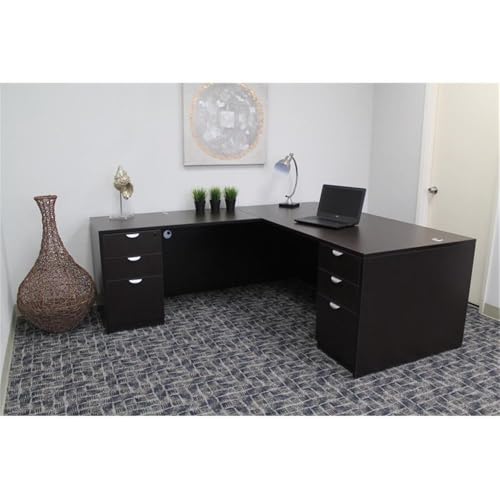 L-Shaped Office Desk with Pedestal, Engineered Wood, Mocha Finish, view 2