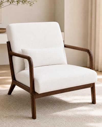 Mid-Century Chenille Accent Chair, Cozy Reading Chair, Modern Lounge Armchair with Lumbar Pillow, Solid Wood Frame, for Living Room, Bedroom, Office, Beige