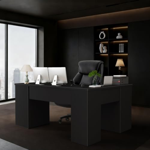 66" L Shaped Desk with 6 Lockable Drawers, Black Corner Computer Desk, view 5
