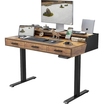 Standing Desk 48x26 Inches with 3 Wood Drawers and Monitor Shelf, Ergonomic Rising Home Office Desks, Height Adjustable Computer Desk, Sit Stand Up Electric Workstation Table, Brown