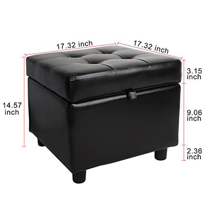 Tufted Leather Square Flip Top Storage Ottoman Cube Foot Rest (Black)