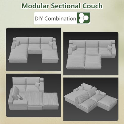 107" Cloud Couch Modular Sectional Sofa for Living Room,U-Shape Boneless Sectional Couch with Deep Seat,Modern Corduroy 3-Seater with Ottoman,Couch in a Box No Assembly(Camel,Left-Facing Chaise)