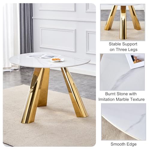 42" Luxury Sintered Stone Table: 0.45" Top + 6" Steel Legs, 350lb Capacity, Stain,Heat Resistant White,Gray Veined Design