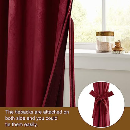 Wine Red Blackout Velvet Curtains Tieable Grommet Thermal Insulated Christmas Holiday Decorative Backdrops for Living Room Party Decor, W52 x L63 inch Long, 2 PCs