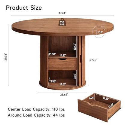 47 inch Round Dining Table for 4, Circle Kitchen Table with 2-Layer Storage Shelf and a Drawer, Modern Farmhouse Dinner Tables with Sliding Door and Wood Strip Base for Kitchen, Living Room (Walnut)
