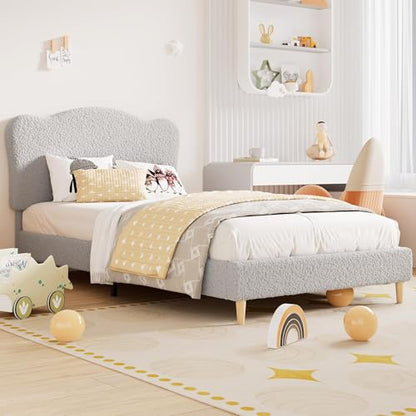 Upholstered Twin Size Bed Frame with Scallop Headboard, Cute Velvet Twin Bed for Girls or Boys, Sturdy Platform Bed with Wooden Slats, No Box Spring Needed, Grey