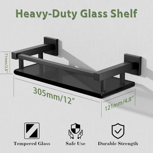 Glass Shelves for Bathroom Wall, Tempered Glass Bathroom Shelf Wall Mounted, Modern Space Saving Floating Shelves 12 inch, Matte Black