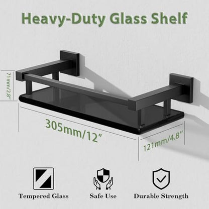 Glass Shelves for Bathroom Wall, Tempered Glass Bathroom Shelf Wall Mounted, Modern Space Saving Floating Shelves 12 inch, Matte Black