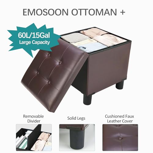 18 Inches Cube Storage Ottoman, Faux Leather Collapsible Square Folding Ottoman Furniture with Storage for Living Room Bedroom, Foot Rest Foot Stool with Legs, Brown 18x18x18 Inches