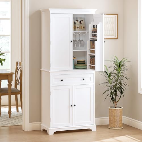 71'' Tall Kitchen Pantry Cabinet, Wood Food Pantry Cabinet with Drawers and Wine Glass Rack, Freestanding Storage Cabinet for Kitchen, Living Room, Dining Room, White