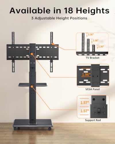 Rolling TV Stand, Mobile TV Cart for 32-75 Inch TVs up to 110 lbs, 18 Adjustable Heights, TV Floor Stand with Swivel Mount & Shelf, Max VESA 600x400mm, TV Stand on Wheels for Bedroom, Office, Outdoor