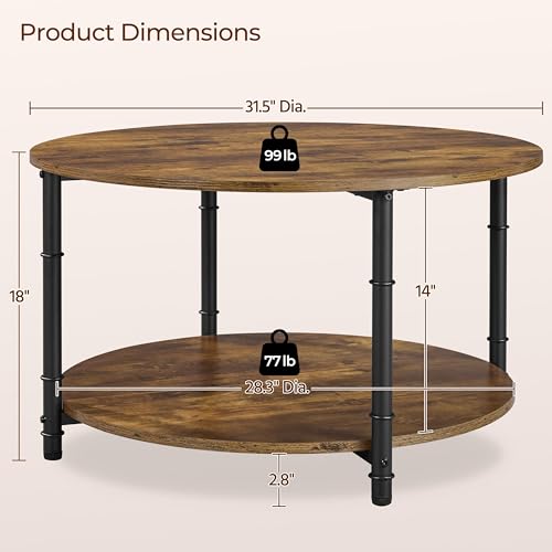 Round Coffee Table with Storage Shelf, 2-Tier 31.5" Rustic Brown, view 3
