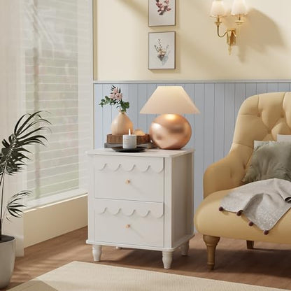 White Nightstand Side End Table with 2 Drawers, Modern Wood Night Stand with Petal Pattern for Bedroom, Scalloped Bedside Night Tables with Solid Wood Legs
