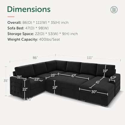 Sectional Sleeper Sofa with Pull Out Bed U-Shape Sectional Couch with Storage Chaise 6 Seater Sleeper Sectional Sofa Bed, Velvet Black