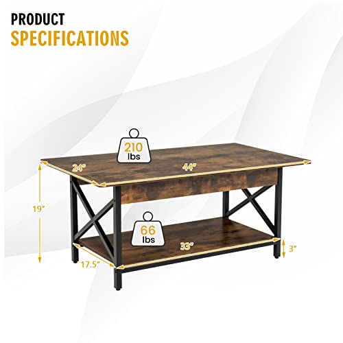 Industrial Coffee Table, 2-Tier Wood Cocktail Tea Table with Storage Shelf and X-Shape Steel Frame, Rectangle Sofa Side Accent Table for Living Room Home Office, Rustic Brown