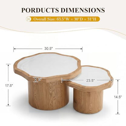 Nesting Coffee Table Set of 2, Modern Coffee Table and End Table Set, Fiberglass Top Wood Grain Accent Table for Living Room Bedroom, Natural Color