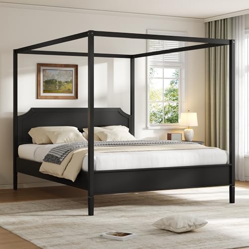 Canopy Bed Frame King with Headboard and Under-Bed Storage Space, Black, view 2