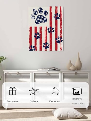NuYeBiofx Retro Paw Prints Red Stripe Burlap Canvas Wall Art Prints,48"x32" Framed Picture Artwork 4th of July Patriotic Flag Printed Canvas Oil Painting for Living Room Bedroom Office,Ready to Hang