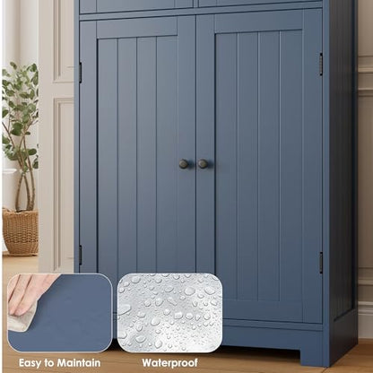 67" Tall Bathroom Storage Cabinet, Freestanding Storage Cabinet with Glass Door and Shelves, Kitchen Pantry with 2 Drawers for Bathroom, Living Room, Dining Room, Blue