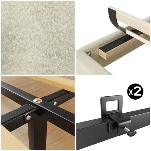 Queen Bed Frame, Boucle Upholstered Platform Bed with Wingback Headboard, view 7