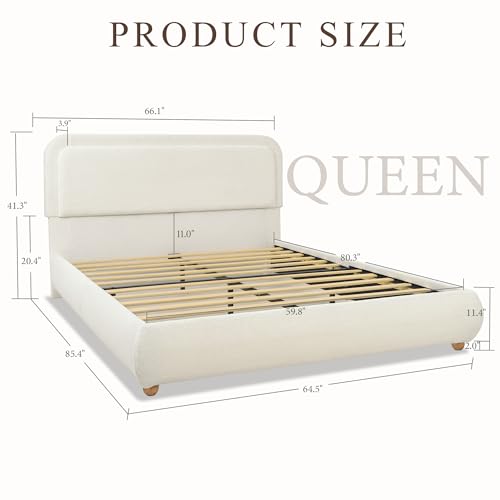Cloud Queen Size Bed Frame with Headboard, Solid Wood Legs, Beige, view 3