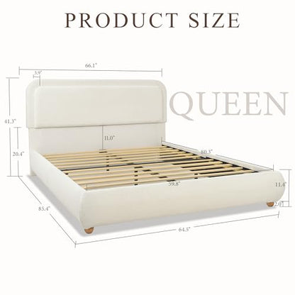 Cloud Queen Size Bed Frame with Headboard, Solid Wood Legs, Beige, view 3
