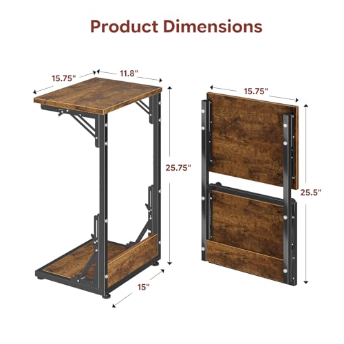C Shaped End Table, Folding TV Tray Table, Side Table for Living Bedroom, Rustic Brown