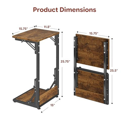 C Shaped End Table, Folding TV Tray Table, Side Table for Living Bedroom, Rustic Brown