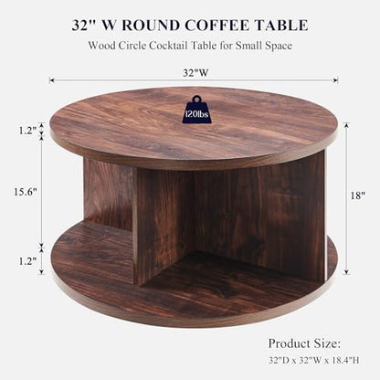Round Coffee Table for Living Room, 32" Modern Center Table with Cross Support Structure & Open Storage Cubby, Wood Circle Cocktail Table for Small Space, Apartment, Dark Walnut