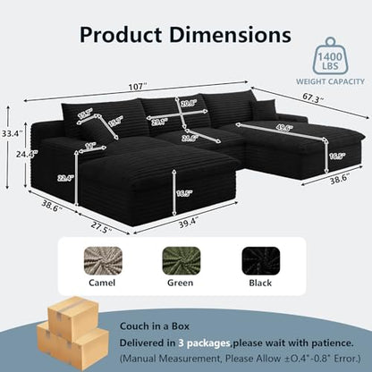 107" Cloud Sectional Couch with U-Shaped Chaise,Corduroy Viral Boneless Sofa with Ottoman,Memory Foam Couches in a Box with Deep Seat for Living Room,No Assembly Required (Black,Right-Facing Chaise)